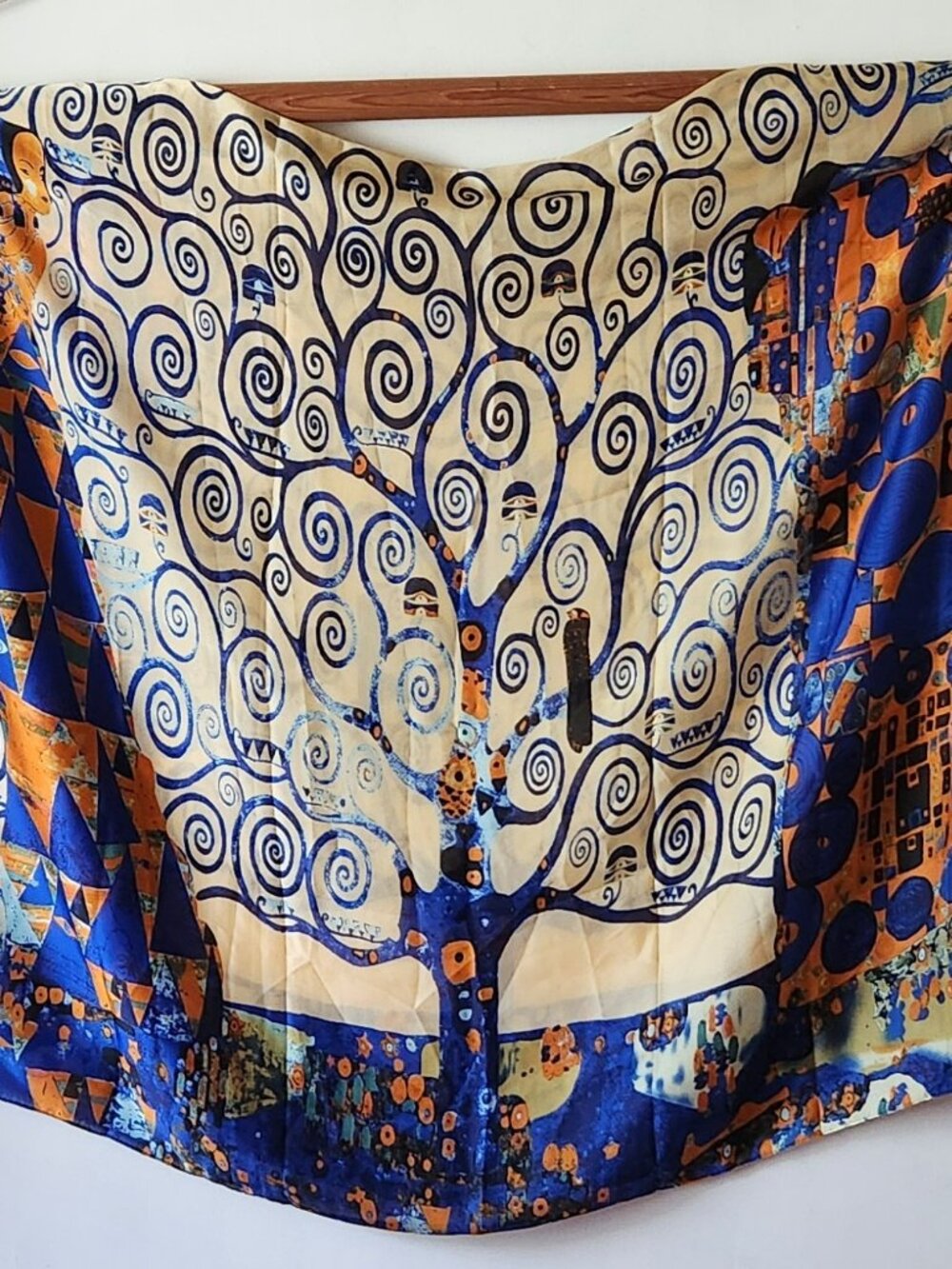 Xiduo silk scarf 70" X 35" beautiful scroll blue orange ivory NIP